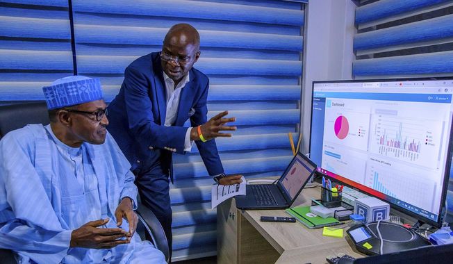 In this photo released by the Nigeria State House, Nigeria Incumbent President Muhammadu Buhari, left, listen to Director of Election Planning and Monitoring Babatunde Raji Fashola, right, as he explain the progress of the party election results in Abuja, Nigeria Monday, Feb. 25, 2019. Nigeria&#x27;s electoral commission on Monday began announcing official results from the country&#x27;s 36 states as President Muhammadu Buhari seeks a second term. (Bayo Omoboriowo/Nigeria State House via AP)