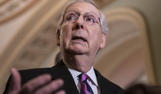 Senate Majority Leader Mitch McConnell, R-Ky., speaks to reporters after a closed-door GOP meeting with Vice President Mike Pence, on Capitol Hill in Washington, Tuesday, Feb. 26, 2019. (AP Photo/J. Scott Applewhite) ** FILE **