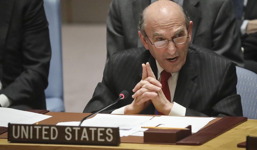 U.S. Special Representative for Venezuela Elliott Abrams address a meeting on Venezuela in the U.N. Security Council at U.N. headquarters, Tuesday Feb. 26, 2019. (AP Photo/Bebeto Matthews)