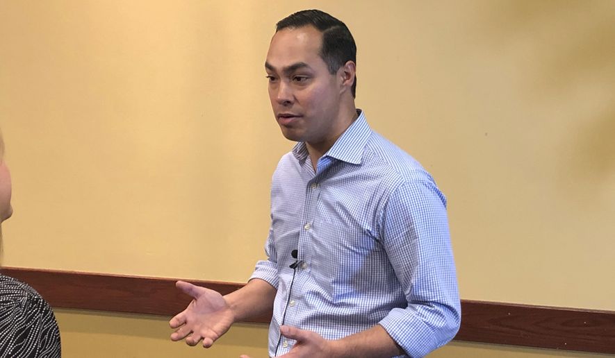 Democratic presidential candidate Julian Castro responds to a reporter before a speech at Boise State University on Tuesday, Feb. 26, 2019, in Boise, Idaho. The 44-year-old former housing secretary in the Obama administration later told about 600 people that if the United States is going to be the most prosperous nation in the world, then everyone has to prosper. (AP Photo/Keith Ridler)