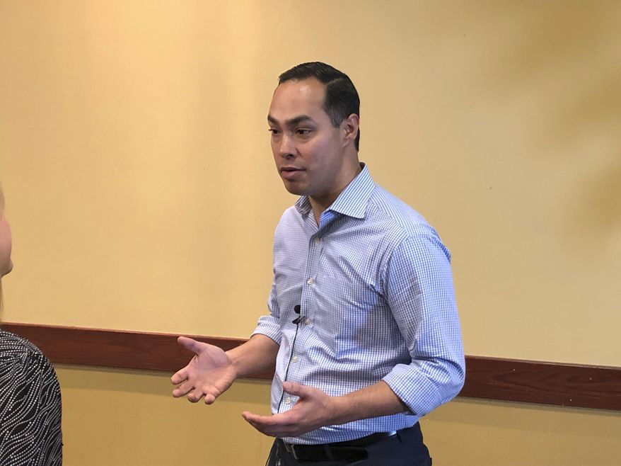Democratic presidential candidate Julian Castro responds to a reporter before a speech at Boise State University on Tuesday, Feb. 26, 2019, in Boise, Idaho. The 44-year-old former housing secretary in the Obama administration later told about 600 people that if the United States is going to be the most prosperous nation in the world, then everyone has to prosper. (AP Photo/Keith Ridler)