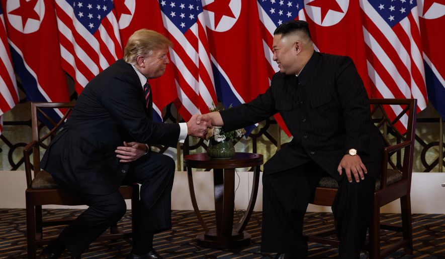 President Donald Trump meets North Korean leader Kim Jong Un, Wednesday, Feb. 27, 2019, in Hanoi. (AP Photo/ Evan Vucci)