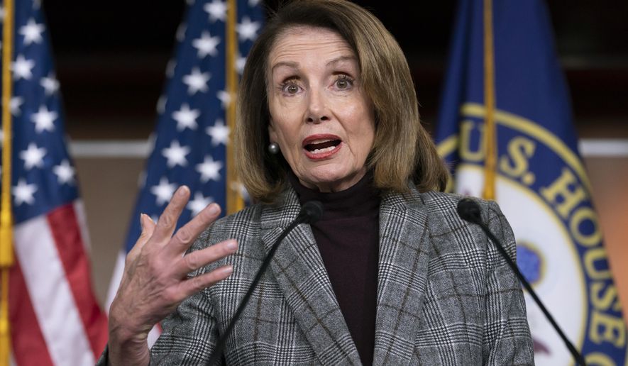 Speaker of the House Nancy Pelosi, D-Calif., meets with reporters just after the Democratic-controlled House approved a measure requiring federal background checks for all firearms sales and transfers, the first major gun control legislation considered by Congress in nearly 25 years, on Capitol Hill in Washington, Thursday, Feb. 28, 2019. (AP Photo/J. Scott Applewhite)
