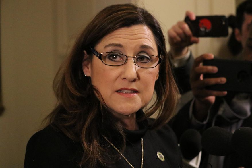 Maryland Del. Mary Ann Lisanti talks to reporters after the House of Delegates voted to censure her on Thursday, Feb. 28, 2019 in Annapolis, Md., for making a racial slur about a majority-black county. (AP Photo/Brian Witte)