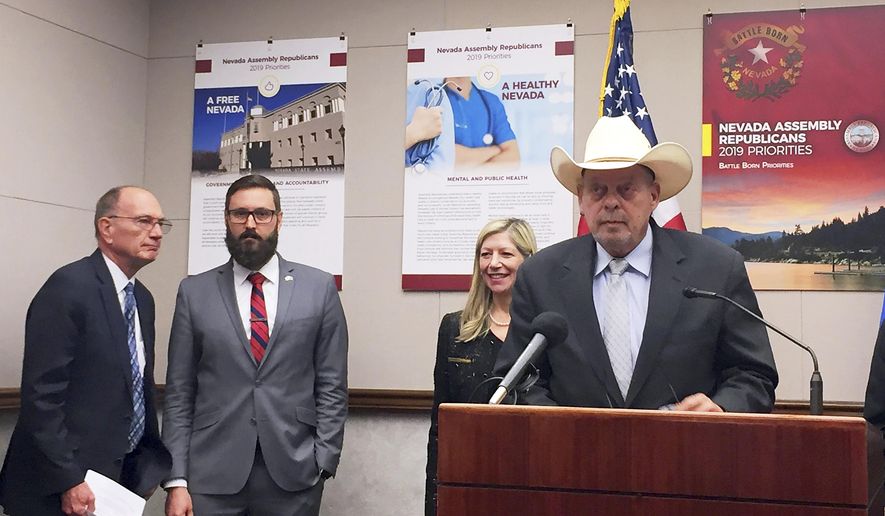 Minority Floor Leader Jim Wheeler, a Republican, speaks at a news conference Thursday, Feb. 28, 2019 announcing the legislative priorities for Assembly Republicans. Other Assembly Republicans are seen attending the news conference in Carson City. (AP Photo/Ryan Tarinelli)
