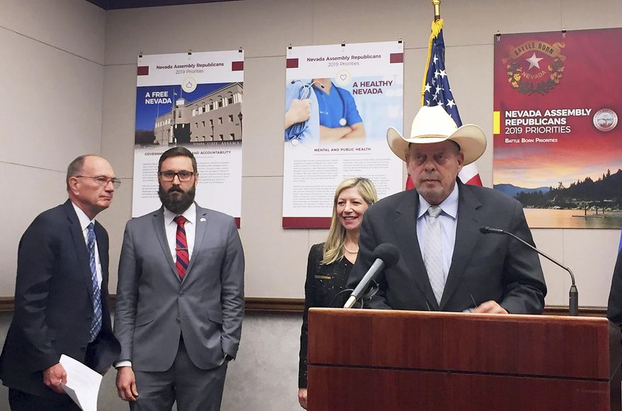 Minority Floor Leader Jim Wheeler, a Republican, speaks at a news conference Thursday, Feb. 28, 2019 announcing the legislative priorities for Assembly Republicans. Other Assembly Republicans are seen attending the news conference in Carson City. (AP Photo/Ryan Tarinelli)