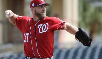 Washington Nationals pitcher Stephen Strasburg throws during the first inning of an exhibition spring training baseball game against the Miami Marlins Friday, March 1, 2019, in Jupiter, Fla. (AP Photo/Jeff Roberson)