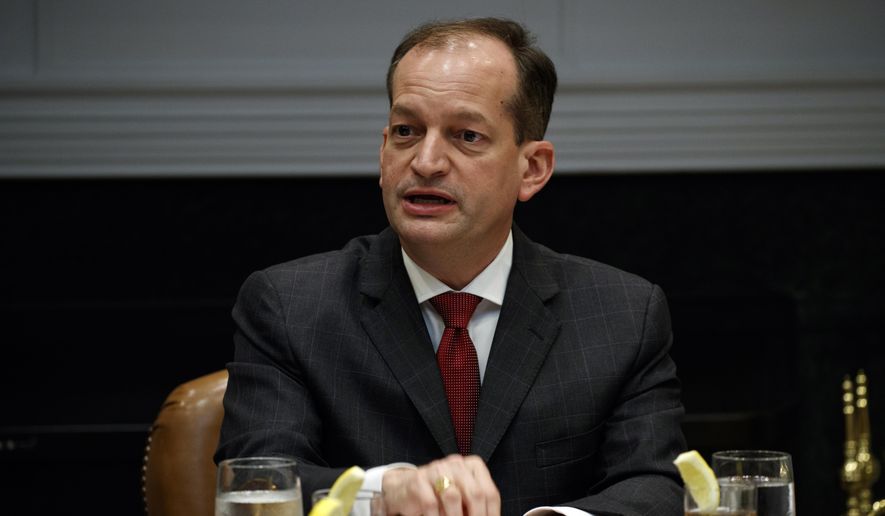 In this June 21, 2018, file photo, Secretary of Labor Alex Acosta speaks during a meeting with President Donald Trump and governors in the Roosevelt Room of the White House in Washington. Congressional Democrats are trying to increase pressure on Acosta over his handling of a secret plea deal with a wealthy financier accused of sexually abusing dozens of underage girls. A group of House Democrats is asking the Justice Department to reopen the deal with Jeffrey Epstein. (AP Photo/Evan Vucci, file)
