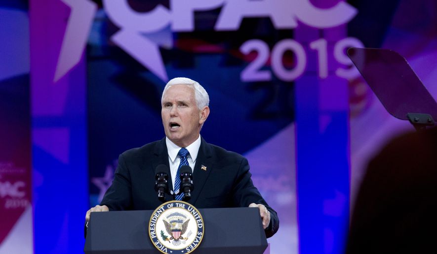 Vice President Mike Pence speaks at Conservative Political Action Conference, CPAC 2019, in Oxon Hill, Md., Friday, March 1, 2019. (AP Photo/Jose Luis Magana)