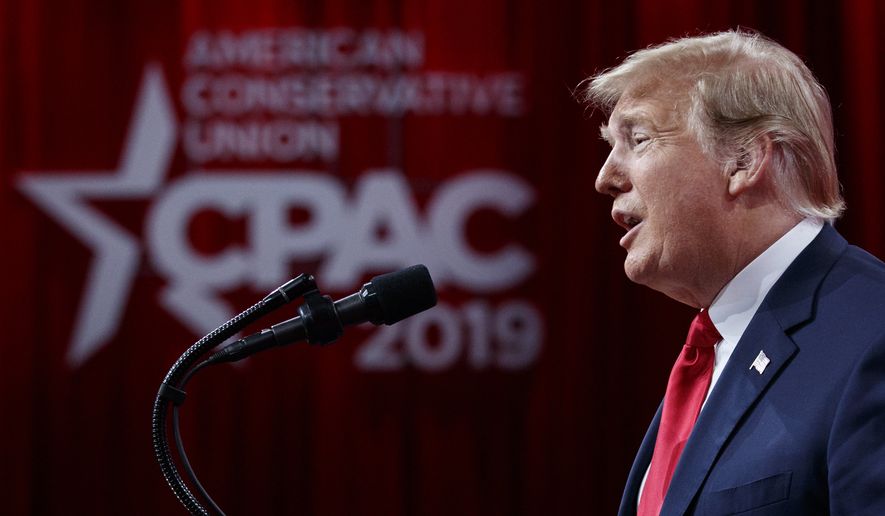 President Donald Trump speaks at Conservative Political Action Conference, CPAC 2019, in Oxon Hill, Md., Saturday, March 2, 2019. (AP Photo/Carolyn Kaster)