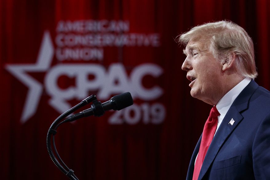 President Donald Trump speaks at Conservative Political Action Conference, CPAC 2019, in Oxon Hill, Md., Saturday, March 2, 2019. (AP Photo/Carolyn Kaster)