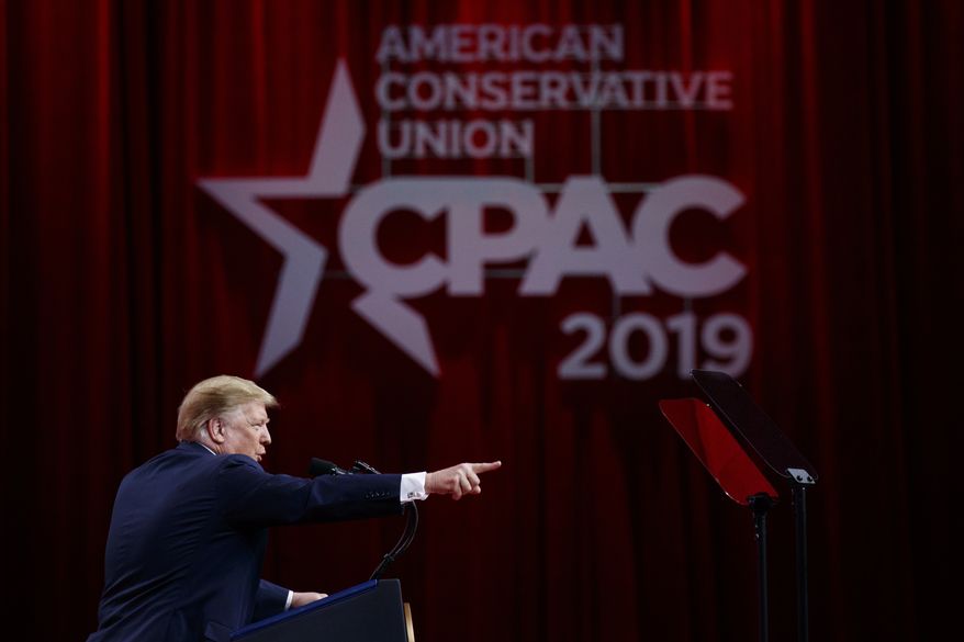 President Donald Trump speaks at Conservative Political Action Conference, CPAC 2019, in Oxon Hill, Md., Saturday, March 2, 2019. (AP Photo/Carolyn Kaster)