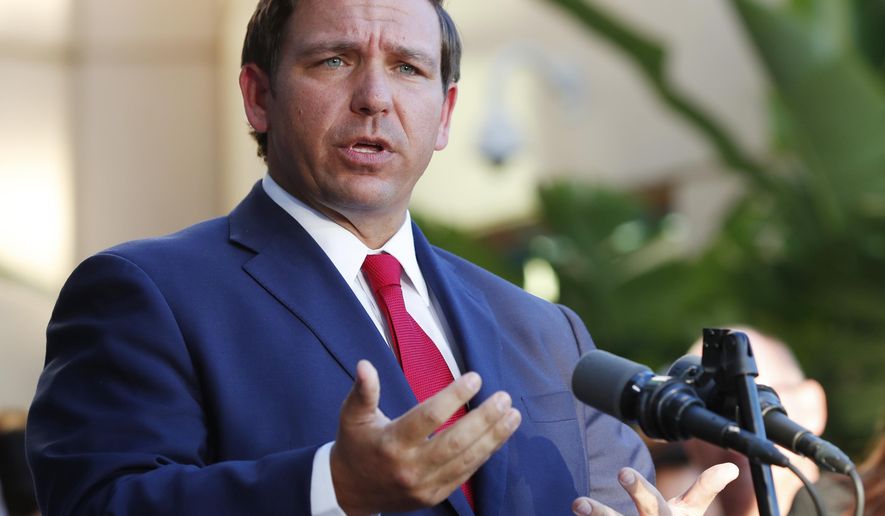 In this Jan. 11, 2019 photo, Florida Gov. Ron DeSantis speaks in Fort Lauderdale, Fla. Florida's 2019 Legislative session is set to begin with a new governor, new Legislative leaders and new priorities. On Gov. Ron DeSantis list include environmental protections and a ban on sanctuary cities.(AP Photo/Wilfredo Lee)