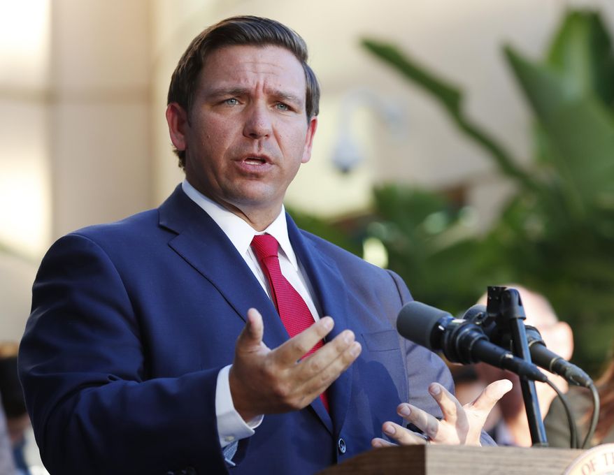 In this Jan. 11, 2019 photo, Florida Gov. Ron DeSantis speaks in Fort Lauderdale, Fla. Florida's 2019 Legislative session is set to begin with a new governor, new Legislative leaders and new priorities. On Gov. Ron DeSantis list include environmental protections and a ban on sanctuary cities.(AP Photo/Wilfredo Lee)