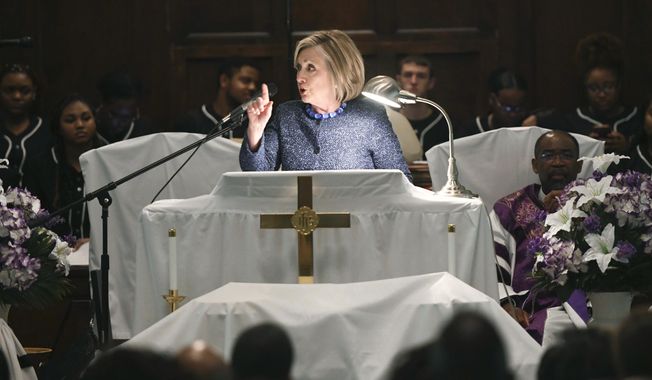 Former Secretary of State Hillary Clinton speaks during a commemorative service marking the anniversary of &quot;Bloody Sunday&quot;  at Brown Chapel AME Church in Selma, Ala., Sunday, March 3, 2019. Several Democratic White House hopefuls are visiting one of America&#x27;s seminal civil rights sites to pay homage to that legacy and highlight their own connections to the movement.  (AP Photo/Julie Bennett)