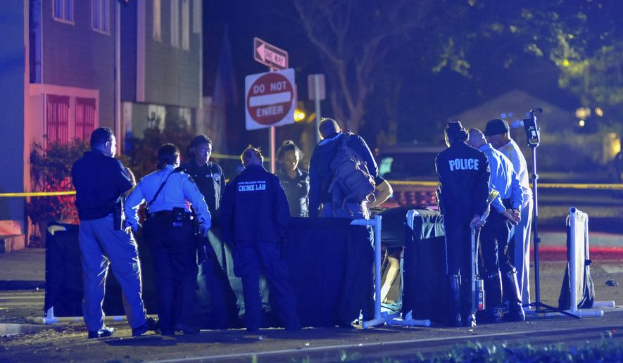 New Orlean Police Department officers process the scene at a fatal hit and run accident along Esplanade Avenue in Bayou St. John in New Orleans, Saturday, March 2, 2019. The incident happened not far from the Endymion parade, one of the city's biggest Mardi Gras parades. (Shawn Fink/The Advocate via AP)