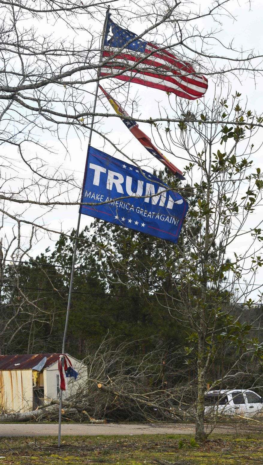 An American flag, a Confederate flag and a Trump flag fly among the destruction near Lee County Road 38 in Beauregard, Ala., Monday, March 4, 2019, a day after fatal tornados ravaged the area. (AP Photo/Julie Bennett)