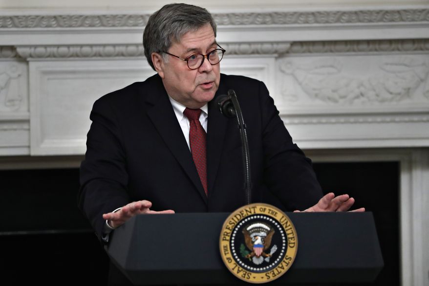 Attorney General William Barr speaks to the National Association of Attorneys General, Monday, March 4, 2019, in the State Dining Room of the White House in Washington. (AP Photo/Jacquelyn Martin)