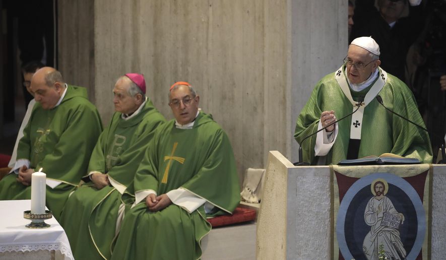 Pope Francis delivers his speech during a Mass in the St. Crispino parish church, in the Labaro neighborhood, Rome, Sunday, March 3, 2019. (AP Photo/Alessandra Tarantino)