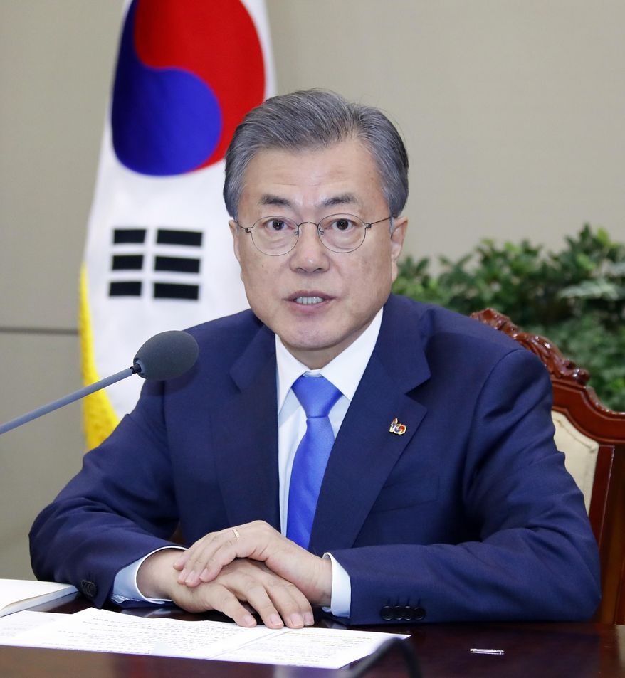 South Korean President Moon Jae-in presides over a meeting of the National Security Council at the presidential Blue House in Seoul, South Korea, Monday, March 4, 2019. Moon said Seoul will actively try to get the nuclear negotiations between Washington and Pyongyang quickly back on track. (Bae Jae-man/Yonhap via AP) ** FILE **