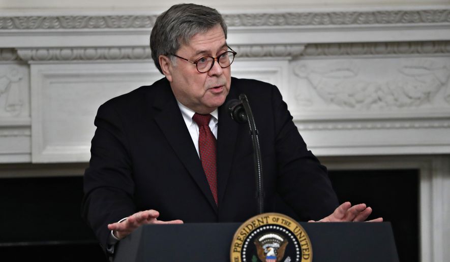 Attorney General William Barr speaks to the National Association of Attorneys General, Monday, March 4, 2019, in the State Dining Room of the White House in Washington. (AP Photo/Jacquelyn Martin)