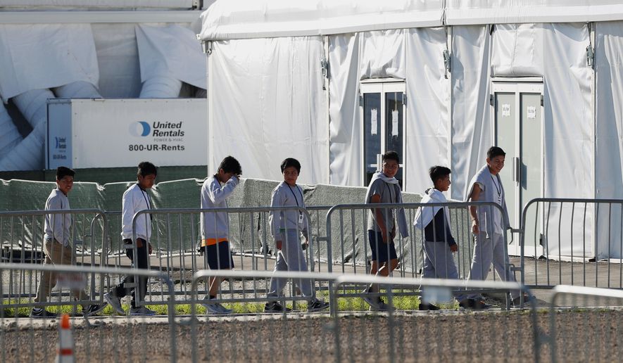 FILE- In this Feb.19, 2019 file photo, children line up to enter a tent at the Homestead Temporary Shelter for Unaccompanied Children in Homestead, Fla. The company that runs the center is Comprehensive Health Services, which is part of Virginia-based Caliburn International Corporation. The chairman of Caliburn International Corp., Thomas J. Campbell, sent a letter Tuesday, March5, to the Securities and Exchange Commission saying it no longer wishes to conduct a public offering. (AP Photo/Wilfredo Lee, File)