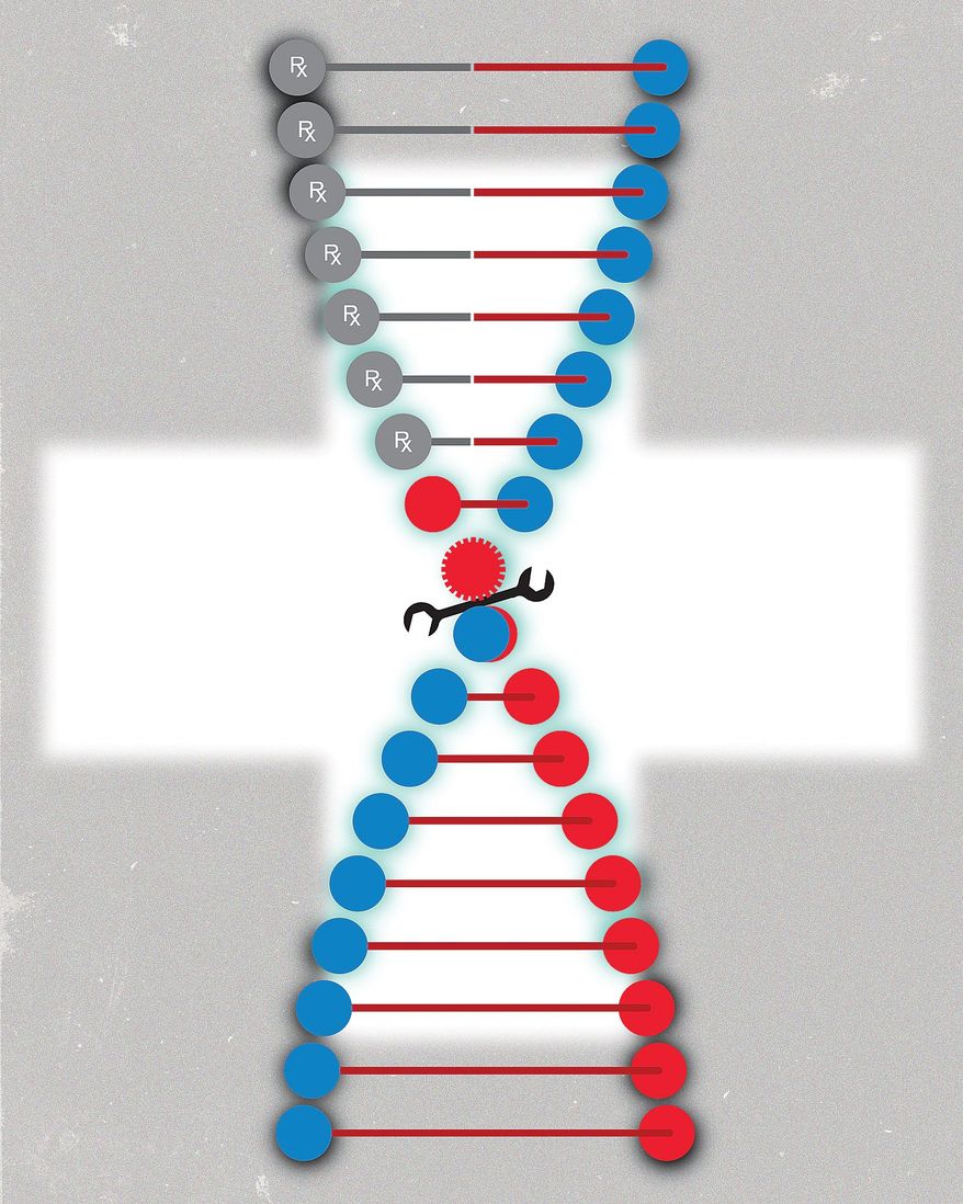 Illustration on the challenges of gene therapy by Linas Garsys/The Washington Times