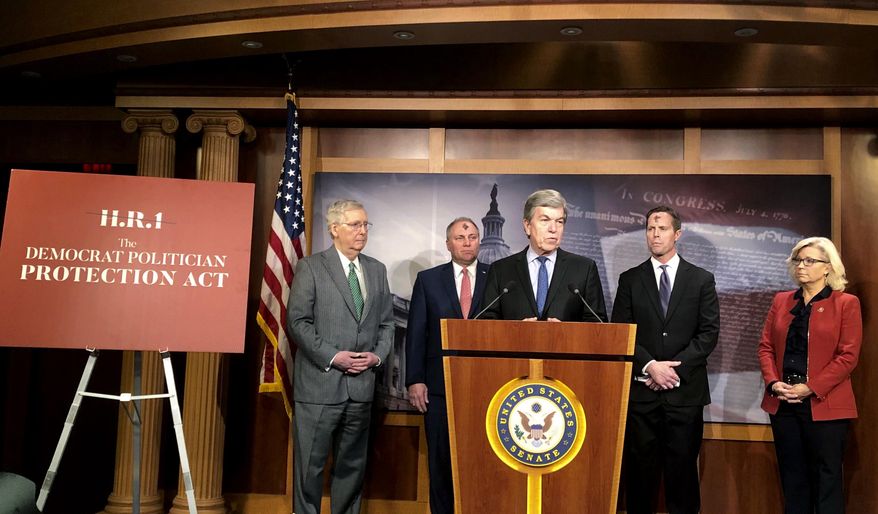 Sen. Roy Blunt, R-Mo., speaks against HR 1, a Democratic bill to impose changes to election and campaign finance systems, Wednesday, March 6, 2019, on Capitol Hill in Washington. as Senate Majority Leader Mitch McConnell of Ky. Rep. Steve, Scalise, R-La., Rep. Rodney Davis, R-Ill., and Rep. Liz Cheney, R- Wyo., listen Flexing their new majority, Democrats are moving to push through the House a comprehensive elections and ethics reform package that they say will reduce the role of big money in politics, ensure fair elections and restore ethics and integrity to Washington. (AP Photo/Matthew Daly)
