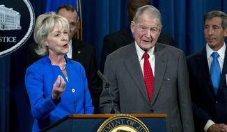 Lynda Webster accompanied by her husband former FBI Director and the CIA Director William Webster, who were targeted by a man who peddled a lottery scam over phone calls and emails, speaks during a news conference to address elder financial exploitation and law enforcement actions, at Department of Justice in Washington, Thursday, March 7, 2019. (AP Photo/Jose Luis Magana) ** FILE **