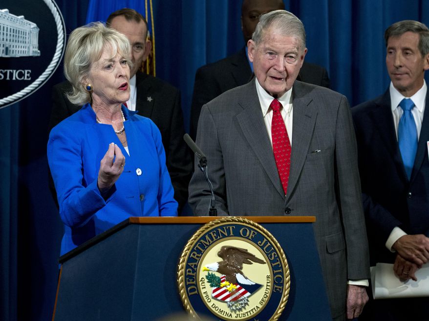 Lynda Webster accompanied by her husband former FBI Director and the CIA Director William Webster, who were targeted by a man who peddled a lottery scam over phone calls and emails, speaks during a news conference to address elder financial exploitation and law enforcement actions, at Department of Justice in Washington, Thursday, March 7, 2019. (AP Photo/Jose Luis Magana) ** FILE **