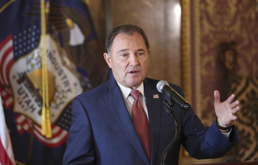 File - In this Sept. 12, 2018 file photo, Utah Gov. Gary Herbert gestures during a news conference at the Utah State Capitol in Salt Lake City. Gov. Gary Herbert said Thursday, Feb. 28, 2019, that he backs a legislative push to ban some types of gay conversion therapy that he called "barbaric" but added that defining what constitutes conversion therapy is vital. (AP Photo/Rick Bowmer, File)