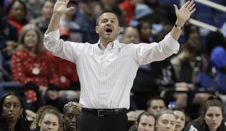 Louisville head coach Jeff Walz directs his team against Clemson during the first half of an NCAA college basketball game in the Atlantic Coast Conference women&#x27;s tournament in Greensboro, N.C., Friday, March 8, 2019. (AP Photo/Chuck Burton)