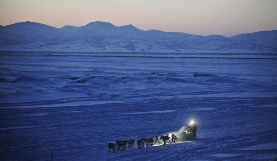 FILE - In this on March 11, 2012 file photo, Dallas Seavey pulls in to the checkpoint in Unalakleet, Alaska, during the Iditarod Trail Sled Dog Race. As of Friday, March 8, 2019, 51 mushers are traveling long stretches between remote village checkpoints with no other company but the dogs pulling their sleds. Their progress is monitored from several hotel rooms in Anchorage, Alaska, whose 24/7 occupants are the Iditarod’s electronic eyes and ears. (Marc Lester/Anchorage Daily News via AP, File)