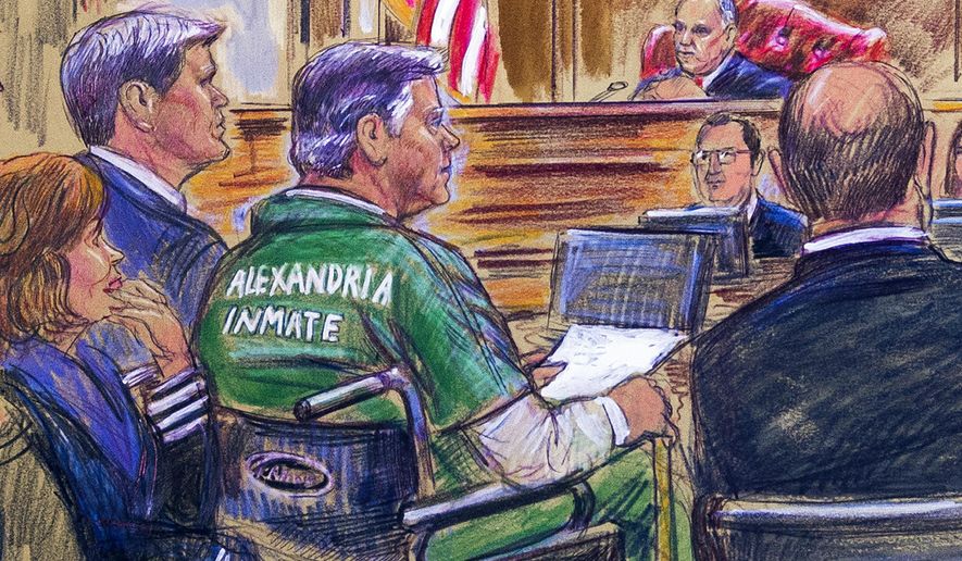 This courtroom sketch depicts former Trump campaign chairman Paul Manafort, center in a wheelchair, during his sentencing hearing in federal court before judge T.S. Ellis III in Alexandria, Va., Thursday, March 7, 2019. Manafort was sentenced to nearly four years in prison for tax and bank fraud related to his work advising Ukrainian politicians, a significant break from sentencing guidelines that called for a 20-year prison term. (Dana Verkouteren via AP)
