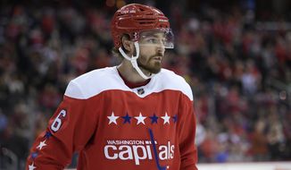 Washington Capitals defenseman Michal Kempny (6), of the Czech Republic, stands on the ice during the second period of an NHL hockey game against the New Jersey Devils, Friday, March 8, 2019, in Washington. (AP Photo/Nick Wass) ** FILE **