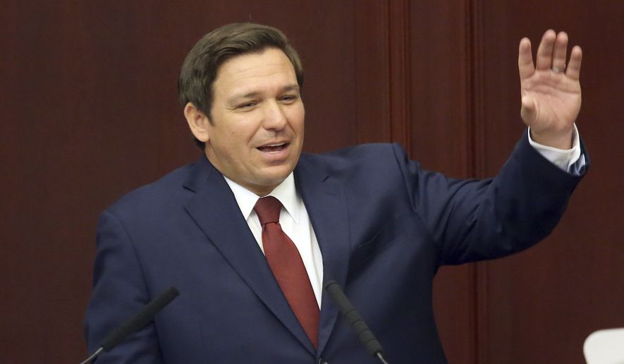 In this March 5, 2019, file photo, Florida Gov. Ron Desantis gives his state of the state address on the first day of the legislative session in Tallahassee, Fla. (AP Photo/Steve Cannon, File)