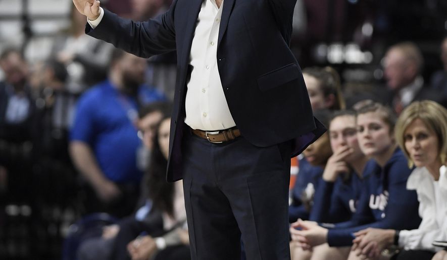 Connecticut head coach Geno Auriemma gestures to his team during the first half of an NCAA college basketball game in the American Athletic Conference tournament quarterfinals against East Carolina, Saturday, March 9, 2019, at Mohegan Sun Arena in Uncasville, Conn. (AP Photo/Jessica Hill)