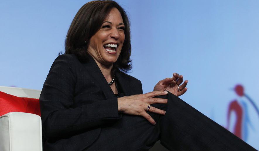 FILE - In this Friday, March 1, 2019 file photo Sen. Kamala Harris, D-Calif., speaks at the Black Enterprise Women of Power Summit in Las Vegas. A growing list of Democratic presidential contenders want the U.S. government to legalize marijuana, reflecting a nationwide shift. Harris says it&#x27;s the &amp;quot;smart thing to do.&amp;quot;  (AP Photo/John Locher, File)