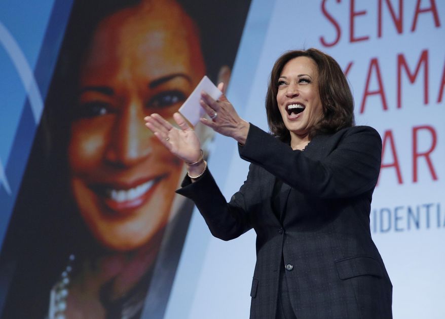FILE - In this March 1, 2019 file photo Sen. Kamala Harris, D-Calif., speaks at the Black Enterprise Women of Power Summit, in Las Vegas. A growing list of Democratic presidential contenders want the U.S. government to legalize marijuana, reflecting a nationwide shift. Harris says it's the "smart thing to do." (AP Photo/John Locher, File)