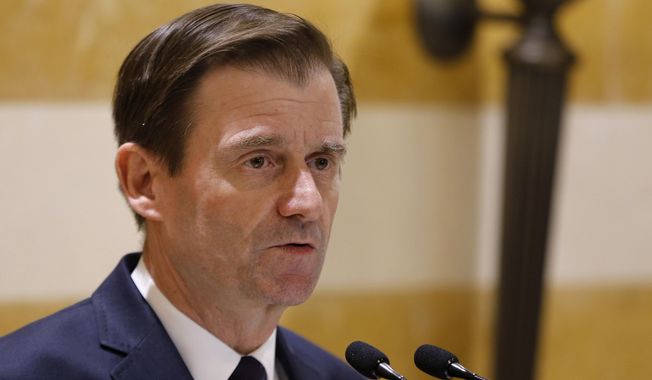FILE - In this Jan. 14, 2019 file photo, U.S. Undersecretary of State for Political Affairs David Hale delivers a statement after meeting with Lebanese Prime Minister-designate Saad Hariri, in Beirut, Lebanon. Hale was in Kosovo on Saturday, March 9, 2019, to meet with the country&#x27;s leaders in an attempt to persuade Pristina to revoke or suspend a tariff on Serb goods so that dialogue with Serbia can resume. (AP Photo/Bilal Hussein, File)