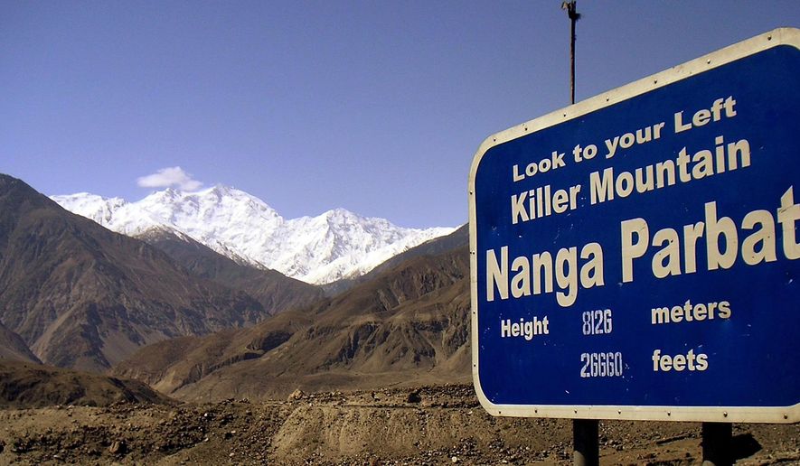 FILE - In this undated file photo, the snow-capped mountain of Nanga Parbat is seen in northern Pakistan. Ambassador Stefano Pontecorvo tweeted Saturday, March 9, 2019, with grief that search for Italian Daniele Nardi and Briton Tom Ballard is over as search and rescue team headed by Alex Txikon has confirmed the silhouettes spotted at about 5900 meters are those of the two climbers who went missing at Nanga Parbat nick named “Killer Mountain. (AP Photo/Musaf Zaman Kazmi, File)