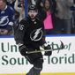 Tampa Bay Lightning right wing Nikita Kucherov (86) celebrates his first period goal during an NHL hockey game against the Detroit Red Wings Saturday, March 9, 2019, in Tampa, Fla. (AP Photo/Jason Behnken)