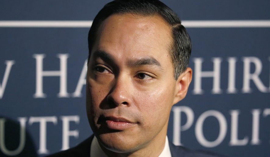 FILE- In this Jan. 16, 2019, file photo Julian Castro, former U.S. Secretary of Housing and Urban Development and candidate for the 2020 Democratic presidential nomination, speaks to the media at Saint Anselm College in Manchester, N.H. Castro isn’t ruling out direct payments to African-Americans for the legacy of slavery, a stand separating him from his 2020 rivals. The former housing secretary says, “If under the Constitution we compensate people because we take their property, why wouldn’t you compensate people who actually were property.’’ (AP Photo/Mary Schwalm, File)