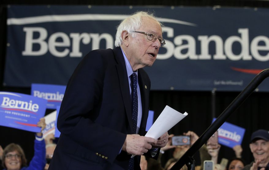2020 Democratic presidential candidate Sen. Bernie Sanders approaches a podium during a campaign stop, Sunday, March 10, 2019, in Concord, N.H. (AP Photo/Steven Senne)