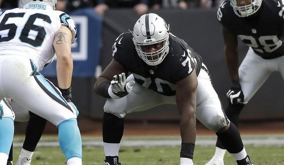 FILE - In this Nov. 27, 2016, file photo, Oakland Raiders offensive guard Kelechi Osemele (70) lines up during the team&#x27;s NFL football game against the Carolina Panthers in Oakland, Calif.  Two people with direct knowledge of the trade tell The Associated Press that the New York Jets have agreed to acquire left guard Kelechi Osemele from the Oakland Raiders. The people spoke to the AP on condition of anonymity Sunday, March 10, 2019 because the trade can&#x27;t be completed until the new league year starts Wednesday.  (AP Photo/Marcio Jose Sanchez, File)