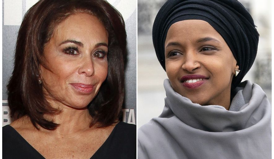 This combination photo shows Fox News host Jeanine Pirro at the HBO Documentary Series premiere of &quot;THE JINX: The Life and Deaths of Robert Durst&quot; in New York on Jan. 28, 2015, left, and Rep. Ilhan Omar, D-Minn., at a rally outside the Capitol in Washington on March 8, 2019. Omar thanked Fox News on Monday, March 11, for condemning comments made on the network by Pirro centering on the freshman Democrats wearing of a traditional Muslim head covering. Pirro questioned whether Omars wearing a hijab indicated her adherence to Sharia law. (AP Photo)