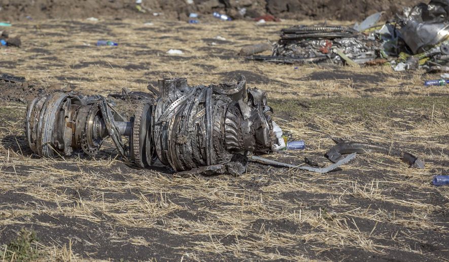 Airplane parts lie on the ground at the scene of an Ethiopian Airlines flight crash near Bishoftu, or Debre Zeit, south of Addis Ababa,  Ethiopia, Monday, March 11, 2019. A spokesman says Ethiopian Airlines has grounded all its Boeing 737 Max 8 aircraft as a safety precaution, following the crash of one of its planes in which 157 people were killed. (AP Photo/Mulugeta Ayene)
