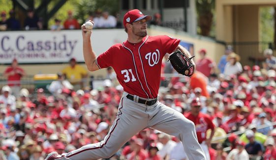 Washington Nationals starting pitcher Max Scherzer (31) delivers in the first inning during an exhibition spring training baseball game agains the St. Louis Cardinals on Monday, March 11, 2019, in Jupiter, Fla. (AP Photo/Brynn Anderson) ** FILE **