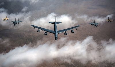 The Boeing B-52 Stratofortress is an American long-range, jet-powered strategic bomber. The B-52 was designed and built by Boeing, which has continued to provide support and upgrades. It has been operated by the United States Air Force since the 1950s. The bomber is capable of carrying up to 70,000 pounds of weapons, and has a typical combat range of more than 8,800 miles without aerial refueling. Beginning with the successful contract bid in June 1946, the B-52 design evolved from a straight wing aircraft powered by six turboprop engines to the final prototype YB-52 with eight turbojet engines and swept wings. The B-52 took its maiden flight in April 1952. Built to carry nuclear weapons for Cold War-era deterrence missions, the B-52 Stratofortress replaced the Convair B-36. A veteran of several wars, the B-52 has dropped only conventional munitions in combat. The B-52 has been in active service with the USAF since 1955. As of December 2015, 58 were in active service with 18 in reserve. The bombers flew under the Strategic Air Command (SAC) until it was disestablished in 1992 and its aircraft absorbed into the Air Combat Command (ACC); in 2010 all B-52 Stratofortresses were transferred from the ACC to the newly created Air Force Global Strike Command (AFGSC). Superior performance at high subsonic speeds and relatively low operating costs have kept the B-52 in service despite the advent of later, more advanced aircraft, including the canceled Mach 3 B-70 Valkyrie, the variable-geometry B-1 Lancer, and the stealth B-2 Spirit. The B-52 completed sixty years of continuous service with its original operator in 2015. After being upgraded between 2013 and 2015, it is expected to serve into the 2050s. (U.S. Air Force photo by Senior Airman Malcolm Mayfield)