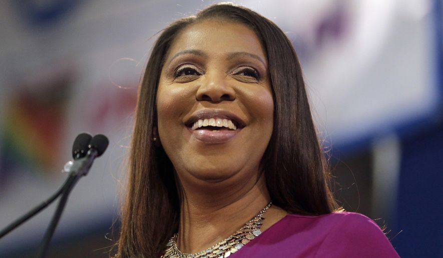 In this Jan. 6, 2019, file photo, New York Attorney General Letitia James smiles during an inauguration ceremony in New York. (AP Photo/Seth Wenig, File)